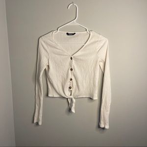 Shein White Long Sleeve Button-Up Crop Top